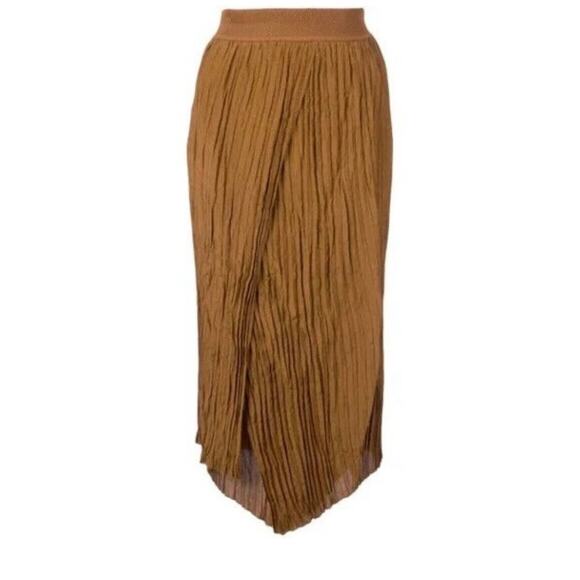 Vince High Waist Crinkle Silk Pleated Asymmetric Skirt Brown Size Small - Picture 1 of 11